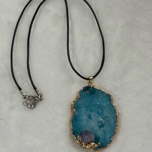Gold-Trim Blue Druzy Pendant Necklace on Black Cord